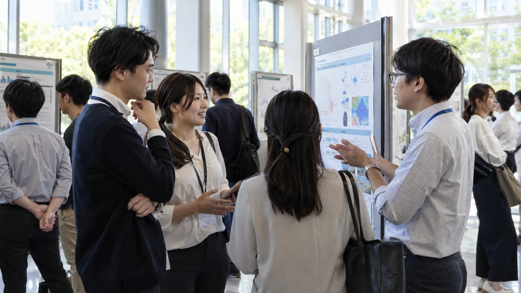 大学のポスター展示を囲み、学生と若手実務者が交流するイメージ画像